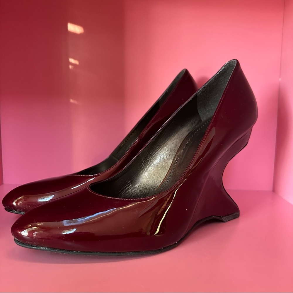 Stuart Weitzman Maroon Patent Leather Wedge Rhinestone Heels - Picture 4 of 10